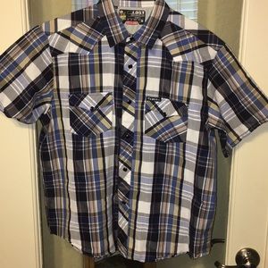 Boys Pearl snap shirt. Navy, white, beige plaid.
